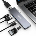 Aluminium alloy USB C hub with seven ports including SD card reader and 4K HDMI for laptops