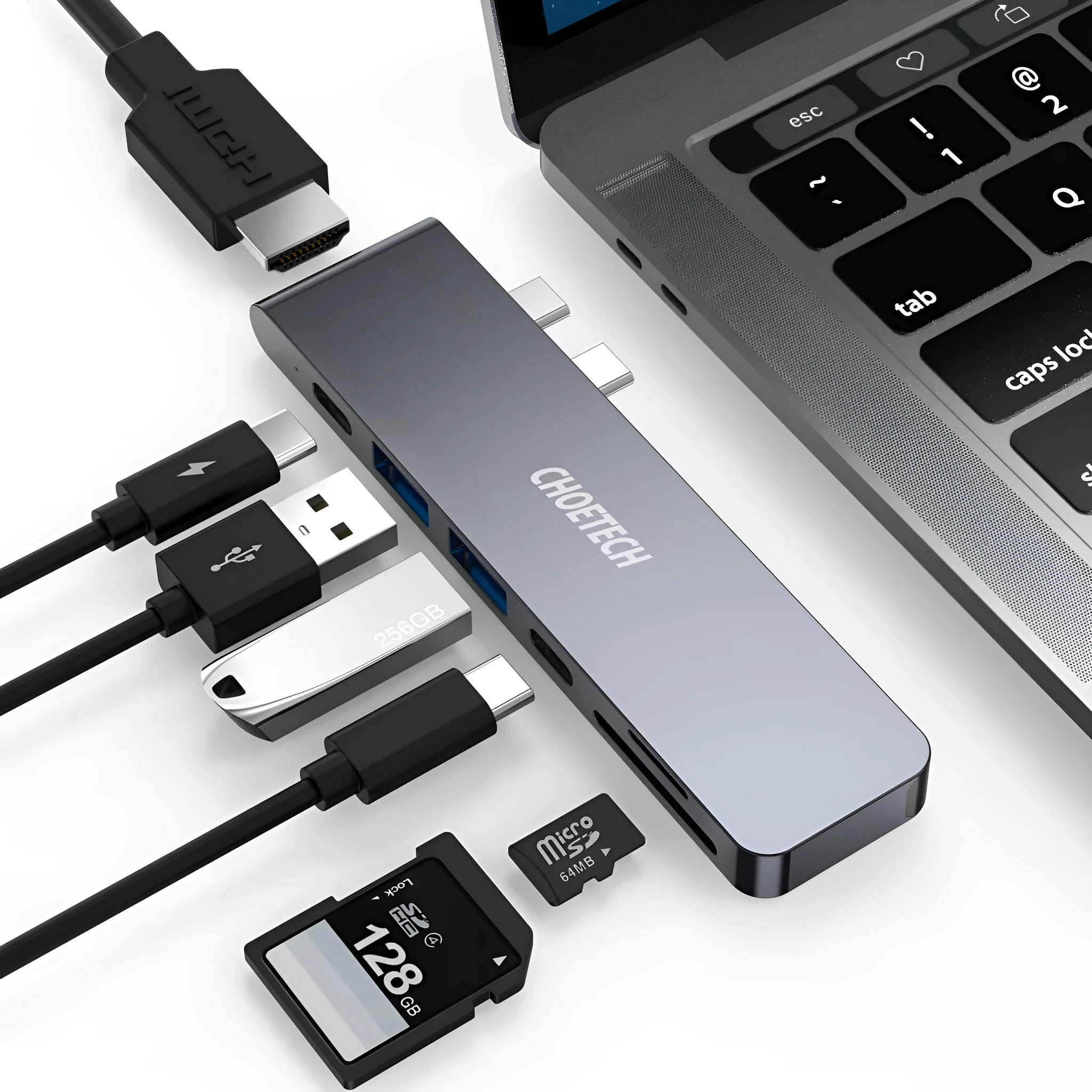 Aluminium alloy USB C hub with seven ports including SD card reader and 4K HDMI for laptops