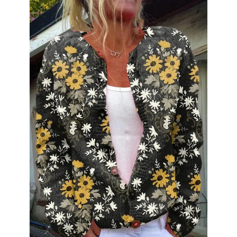 Yellow digital print cardigan coat with 3D stereoscopic pattern, regular sleeves, gentle cardigan style.