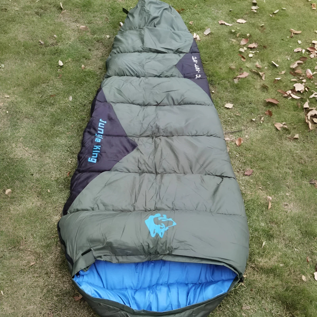 Army Green cotton camping sleeping bag with compression sack, size 230x80x50cm.