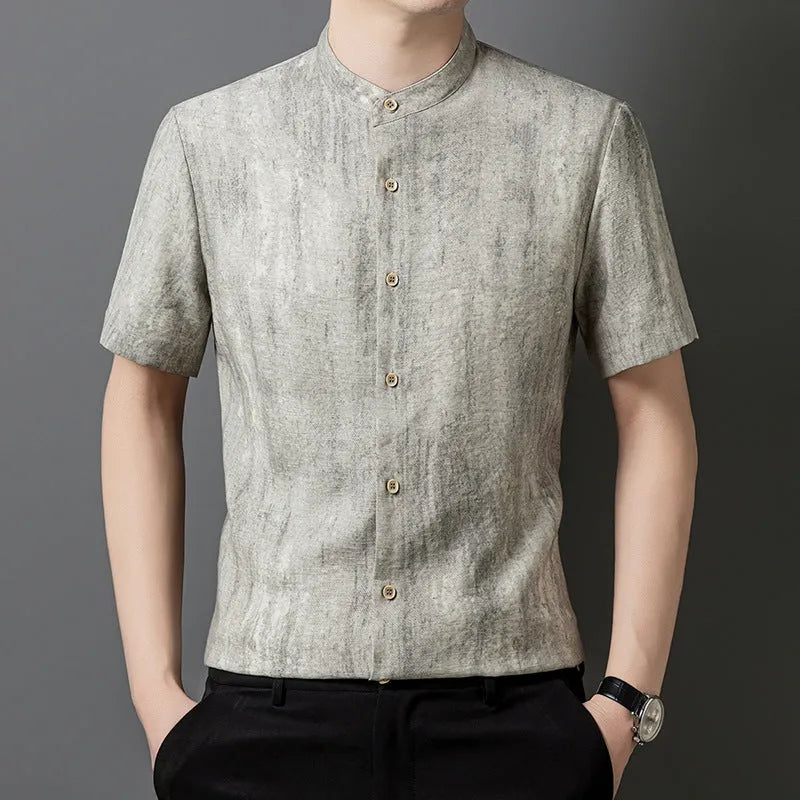 Men's loose fit linen-style shirt in chemical fibre blend fabric with stand collar and short sleeves