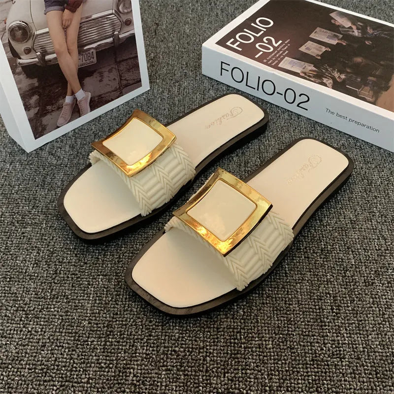 Women's apricot flat summer slippers with a textured PVC sole, shown on a light background.