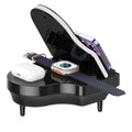 Black 3-in-1 Bluetooth speaker with wireless charger and phone holder on a desk