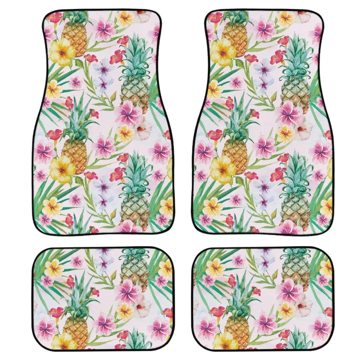Black printed rubber car floor mats, four-piece set showing textured surface and 20mm thickness.