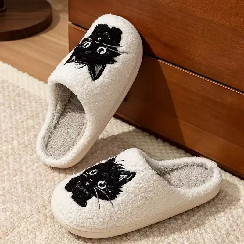 White plush slippers with Black Beard Cat couple cartoon pattern and non-slip TPR soles.
