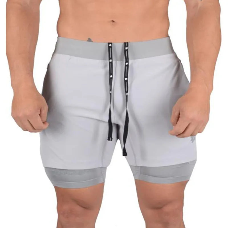 Men's double-layer 2-in-1 running shorts in black with phone pocket, quick-dry fabric for summer training