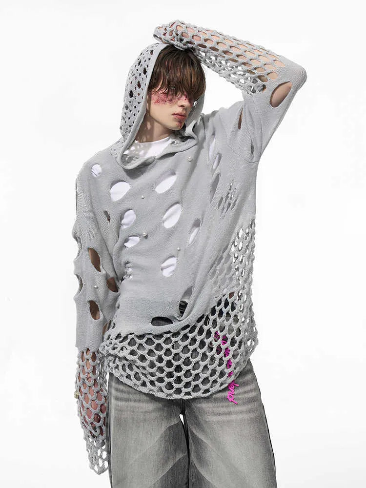 Black men's hoodie with pearl decorative elements on hood, loose fit thin fabric construction