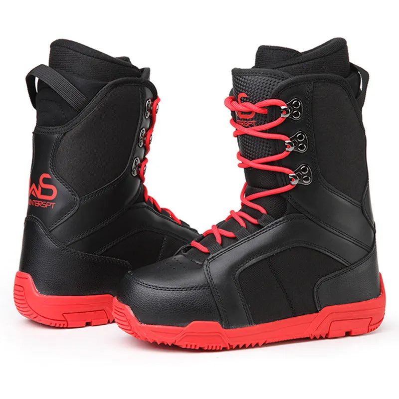 Men's black ski boots with lace-up tie closure, rubber outsole and high upper