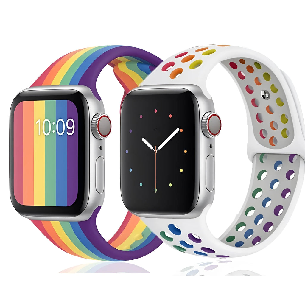 Silicone sports wristband with an adjustable buckle clasp in black, rainbow, or white.