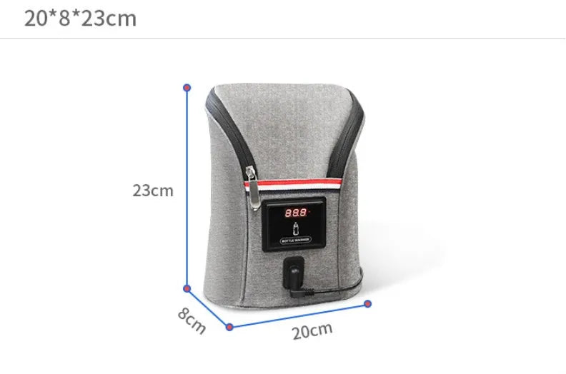 Grey Oxford cloth portable baby bottle warmer with carry handle and electronic display for car travel.