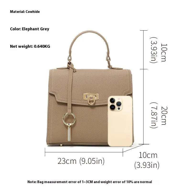 Elephant grey vintage handbag with litchi pattern texture and lock detail