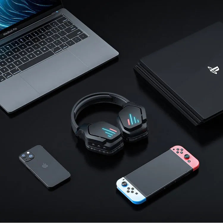 Luminous black wireless headphones with head-mounted design for gaming and music