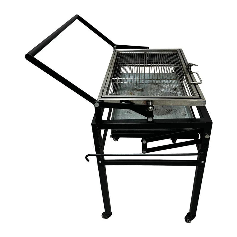 Foldable charcoal barbecue stove with large grill shown in courtyard setting