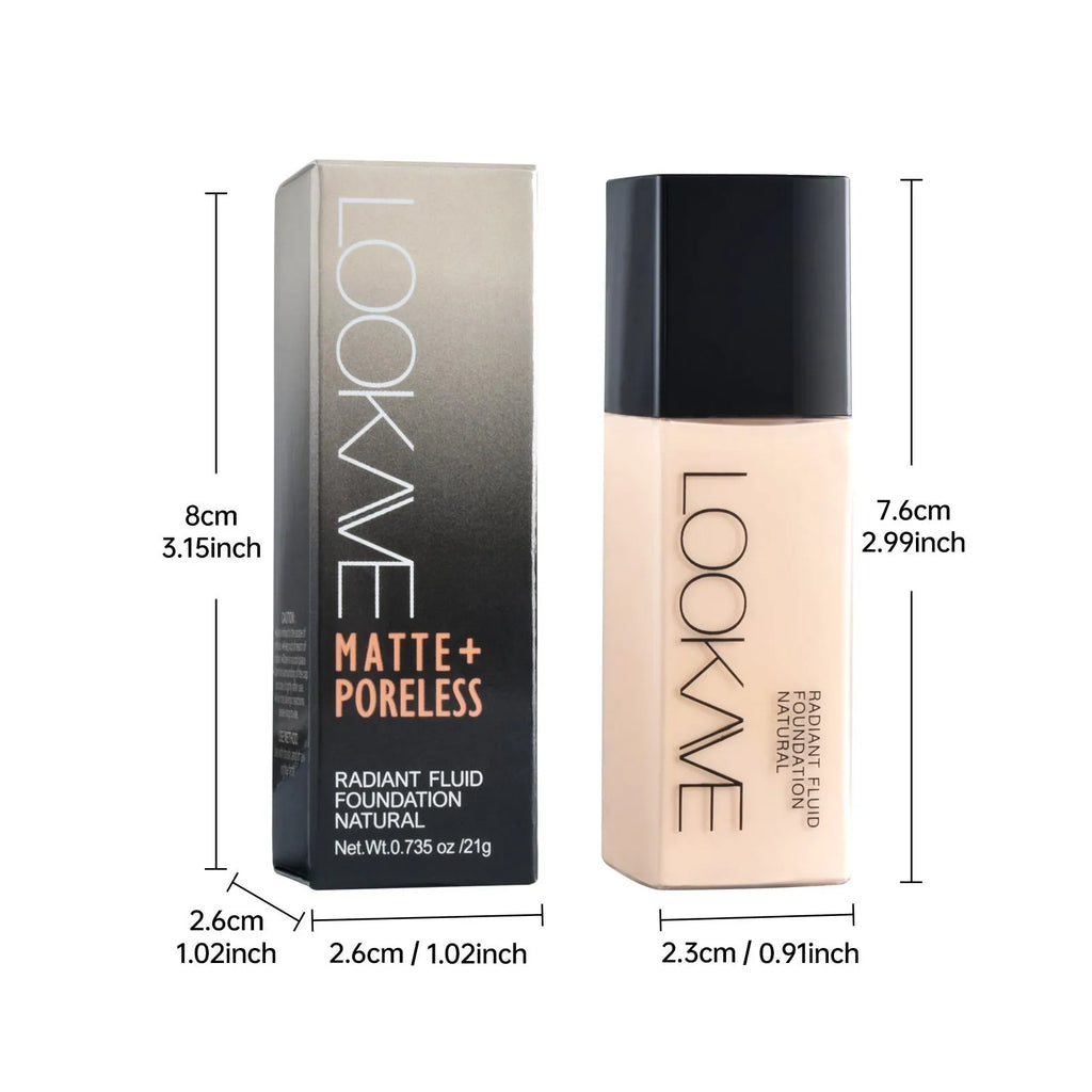 LOOKAVE Matte Liquid Foundation bottle in Ivory White, 21g net content, shown with LK63C shade range.