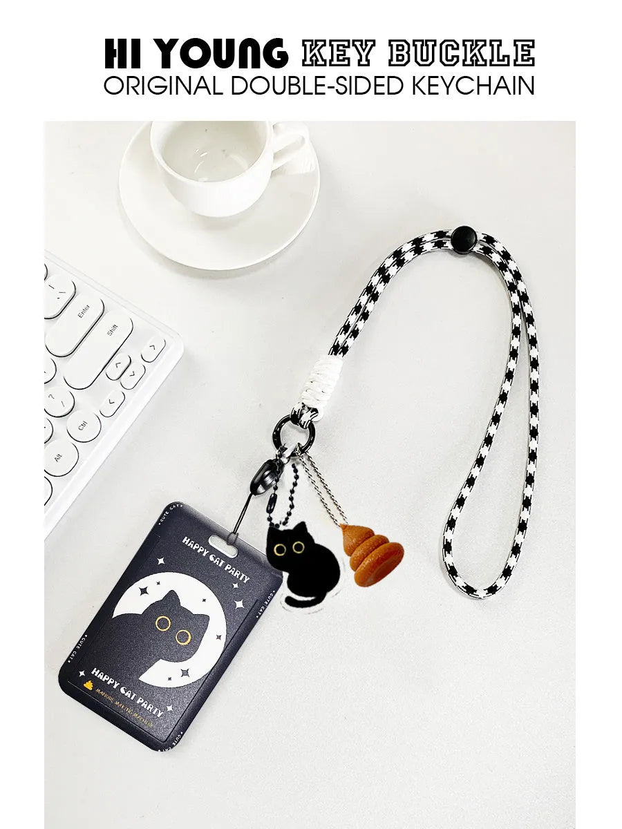 Cute black cat cartoon plastic card holder with a ferrule pendant for keys or bags.
