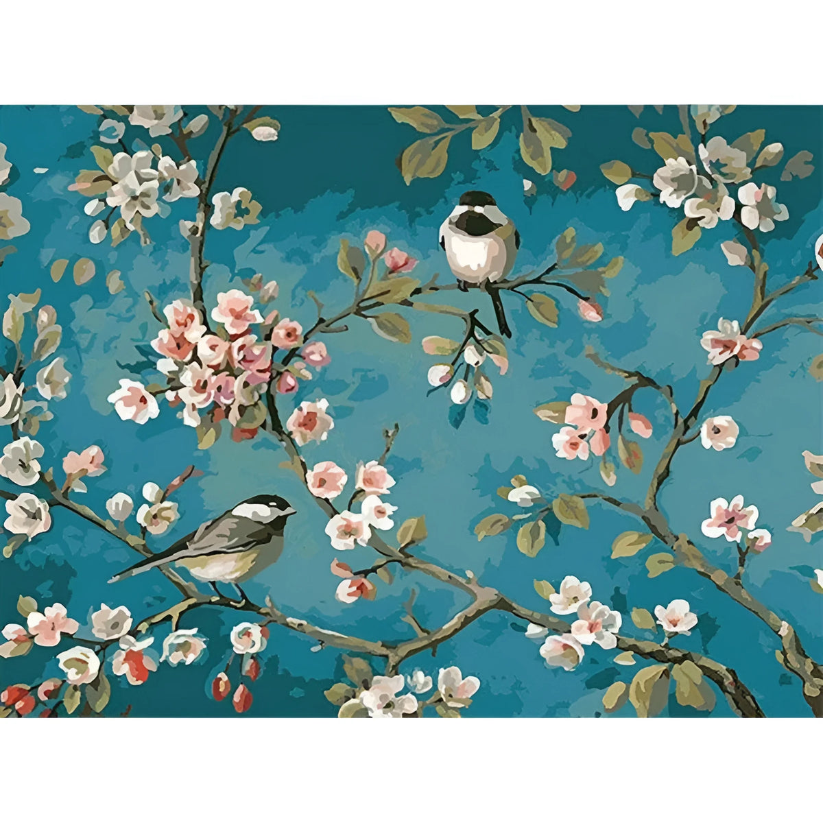 Blue flowers and birds digital oil painting on linen canvas 40x50cm