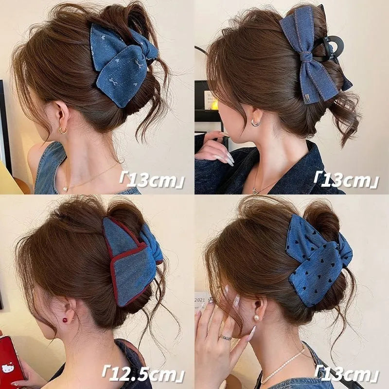 Women's Love Denim Bow Triangle Hair Clip handmade from fabric and acrylic in atmospheric style