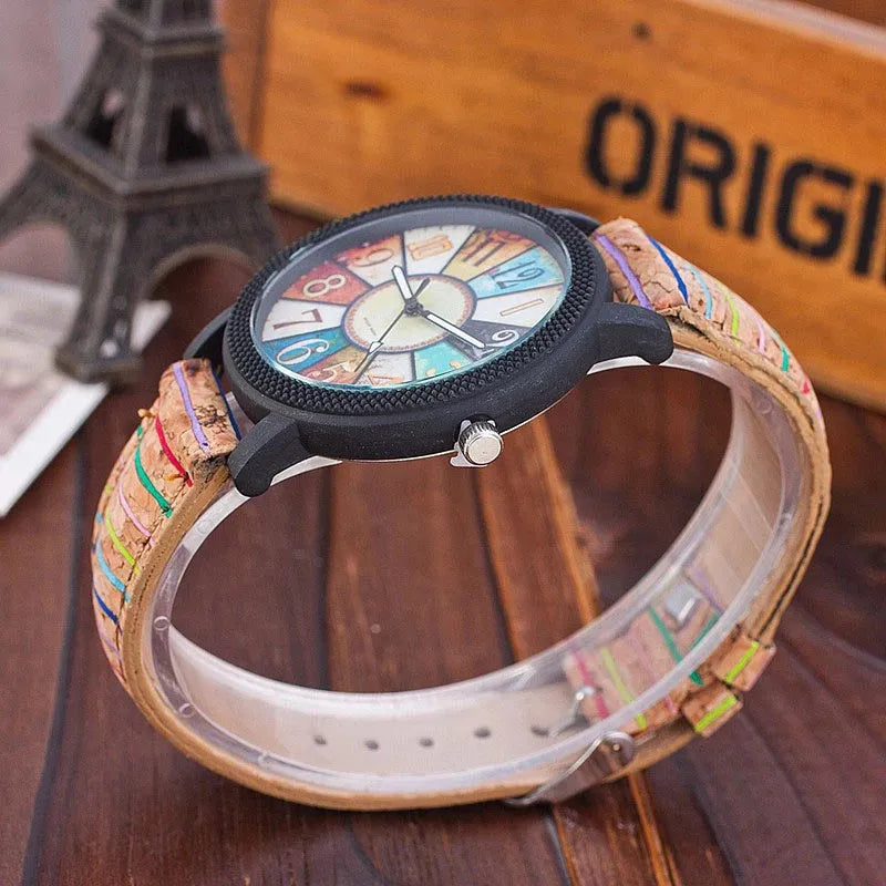 Women's vintage leather strap watch with 37mm round dial and tempered glass