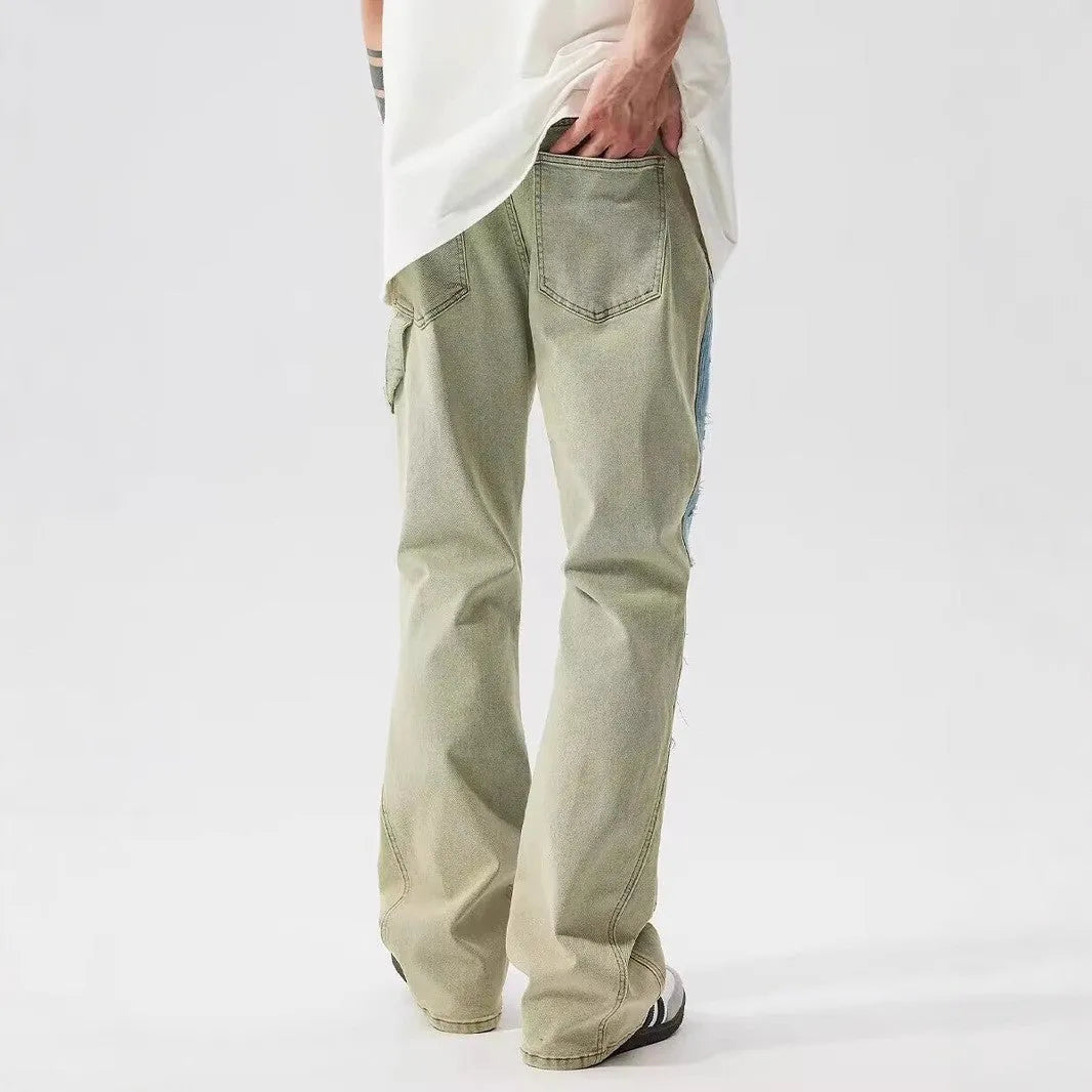 Retro patchwork jeans with yellow and blue splash-ink damaged design, zip fly, non-stretch denim