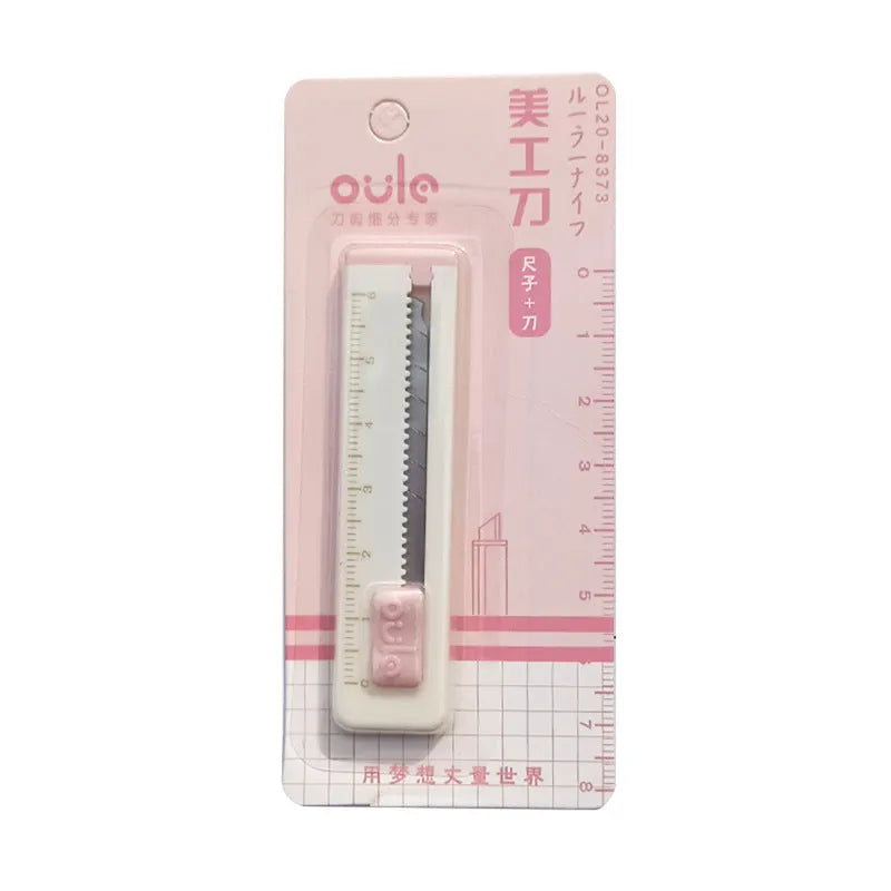 Small plastic-blade art knife in blue, khaki, orange, pink, and purple colour options.