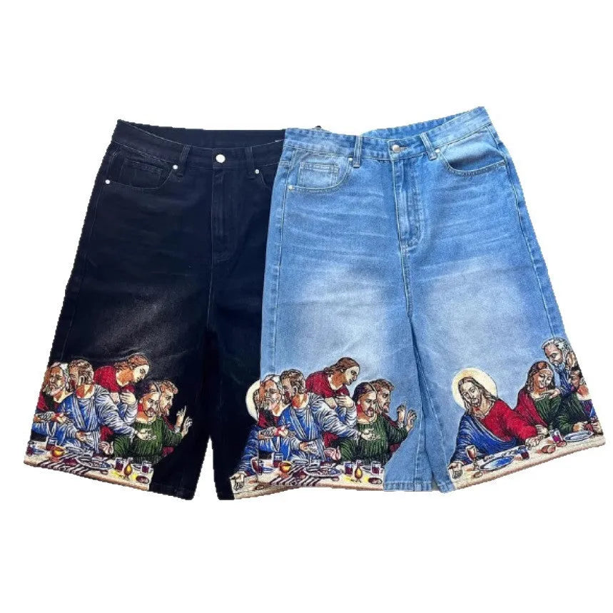 Blue men's tapered cotton shorts with a Jesus print design on the back pocket.