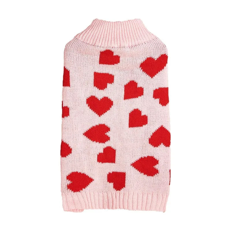 Red dog sweater with a large white love heart design on the side.