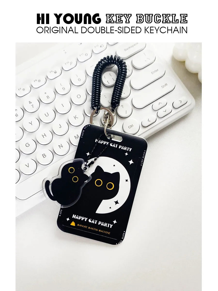 Cute black cat cartoon plastic card holder with a ferrule pendant for keys or bags.