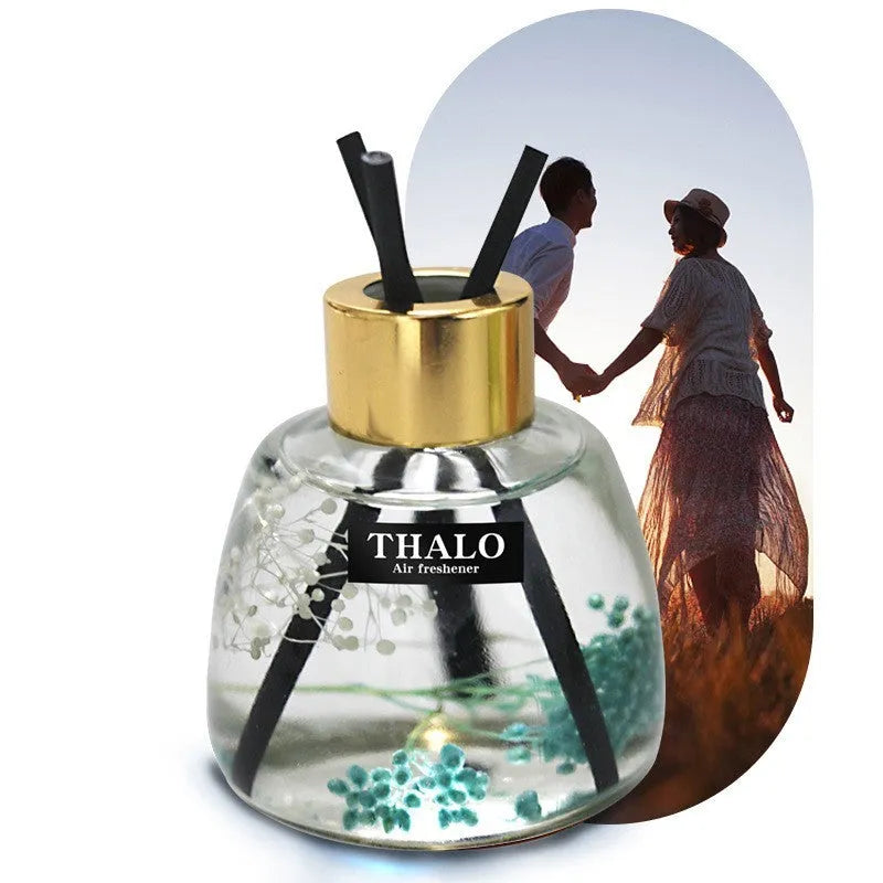 Clear glass bottle-shaped car perfume ornament for loose incense, shown in assorted colours.