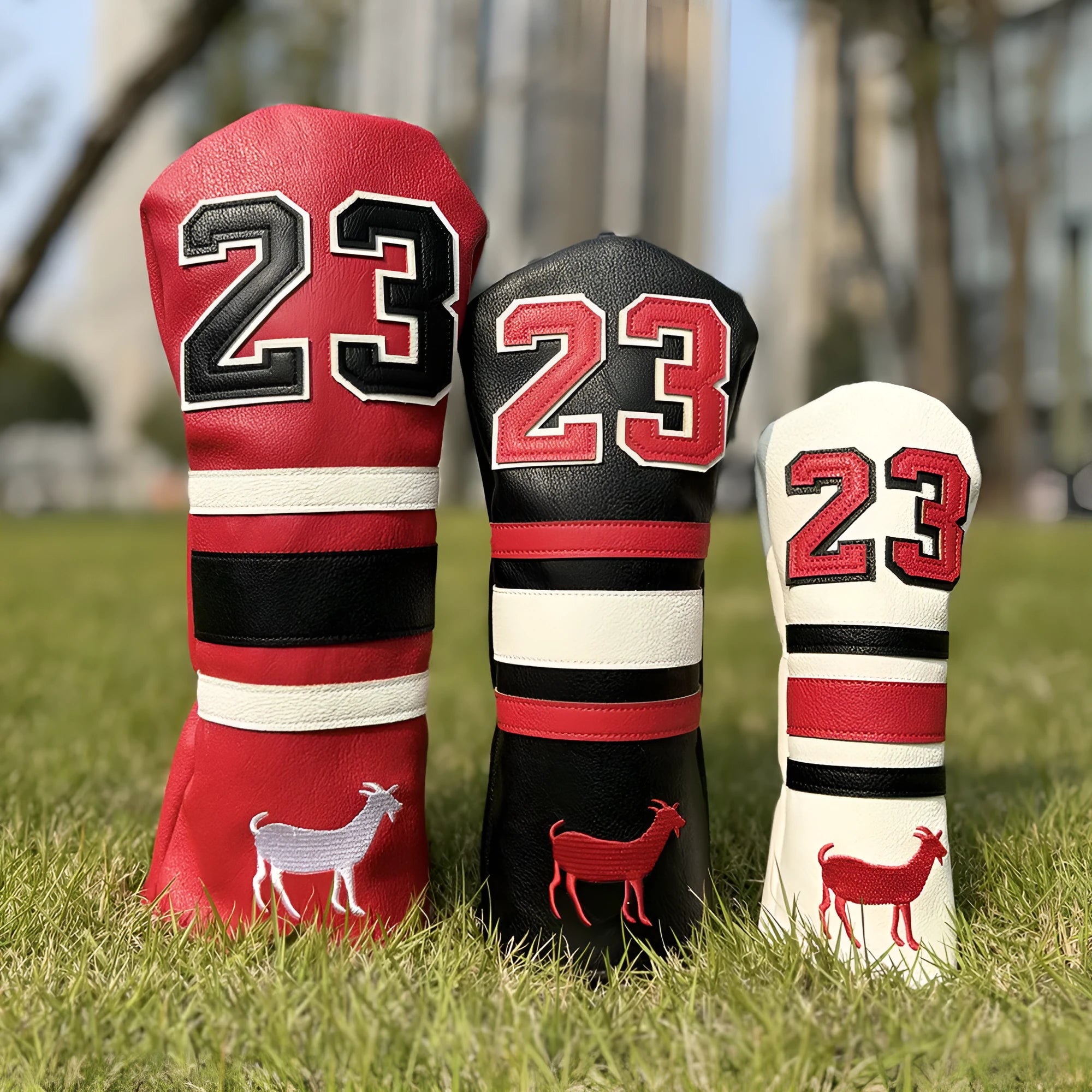 Set of four matching PU golf club headcovers: driver, two fairway woods, and a square putter sleeve in a chosen colour.