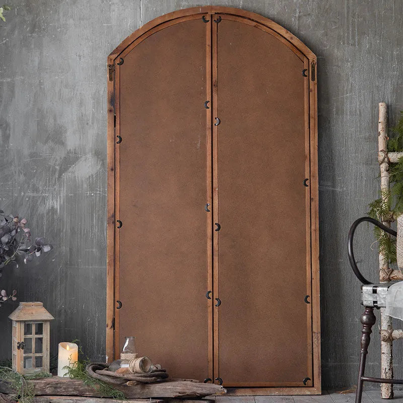 Distressed wooden glass fake window wall mirror in log colour