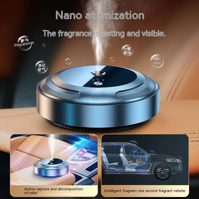 Compact zinc alloy car perfume diffuser with automatic spray function on an anti-slip pad.