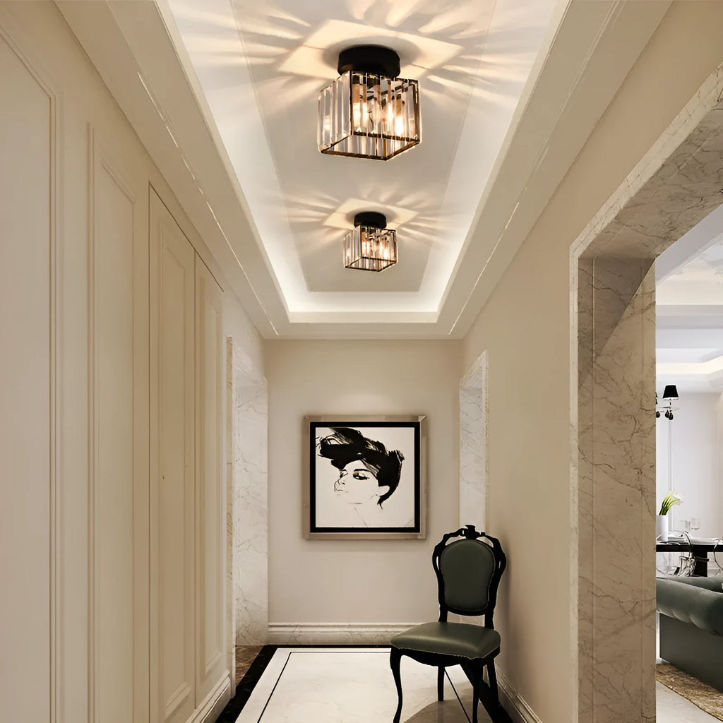 Nordic crystal hallway ceiling lamp in round black finish with crystal detailing