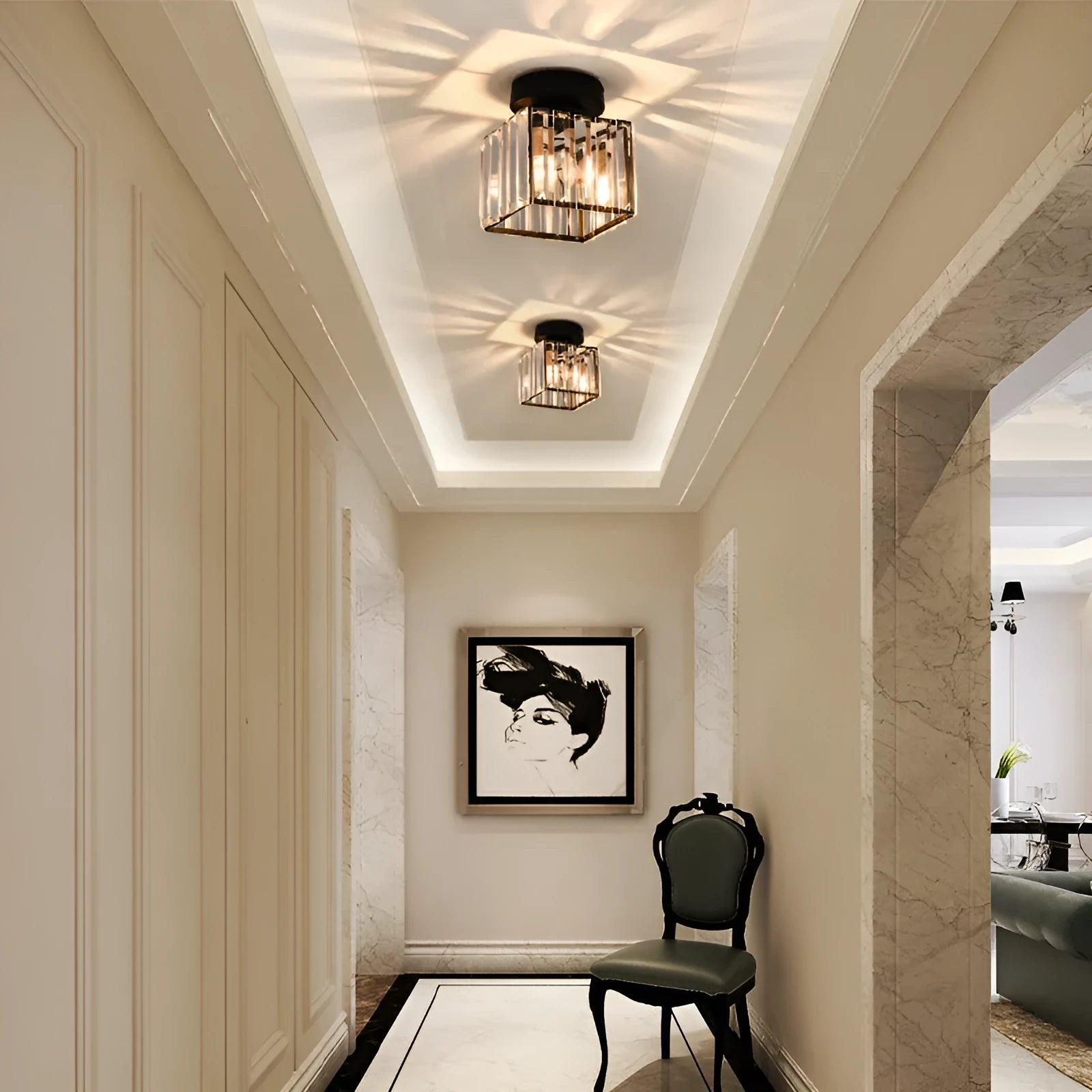 Nordic crystal hallway ceiling lamp in round black finish with crystal detailing