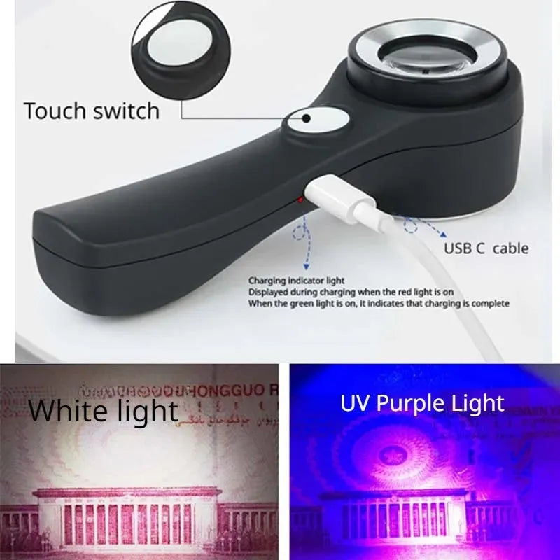 Black and silver handheld appraisal magnifying glass with optical glass lens and USB-C cable on a table.