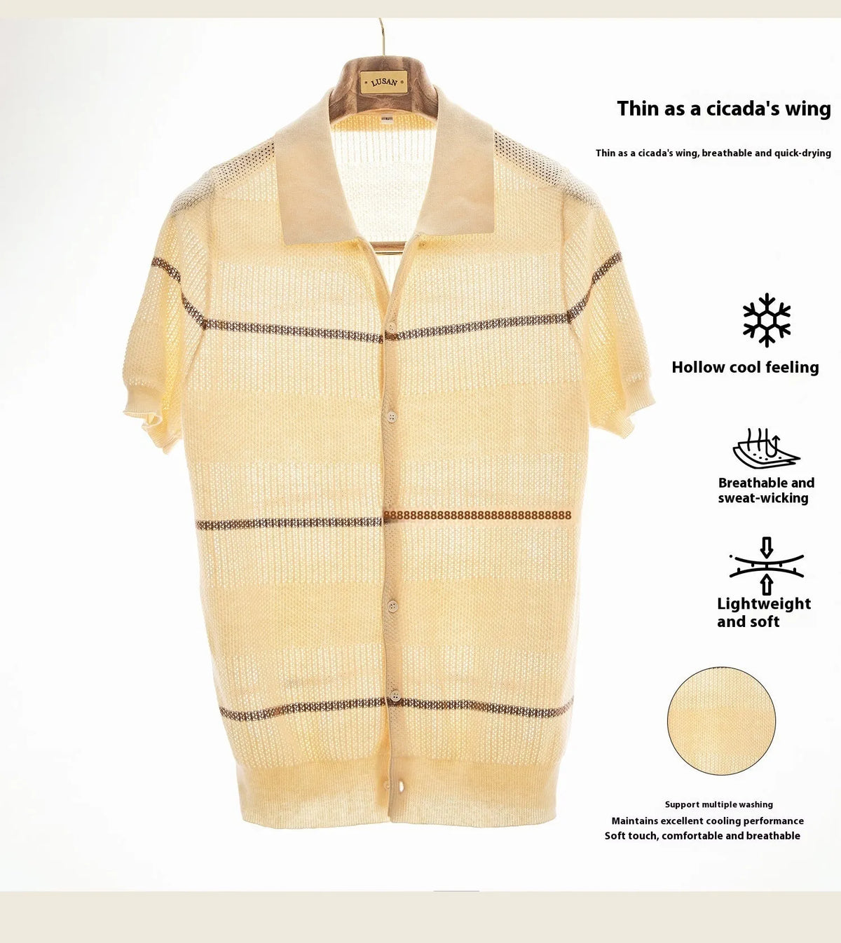 Men's camel coloured lapel cardigan with short sleeves made from cotton linen blend fabric