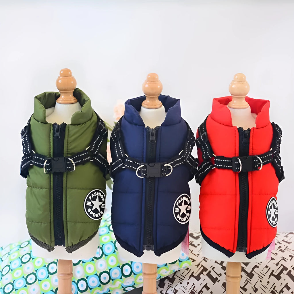 Waterproof dog coat with integrated harness in red, navy blue or army green rain silk fabric