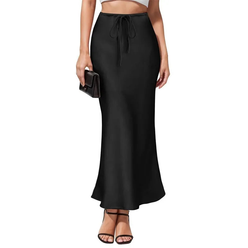 Women's high waist acetate satin skirt with asymmetric cut and irregular hem in milky white