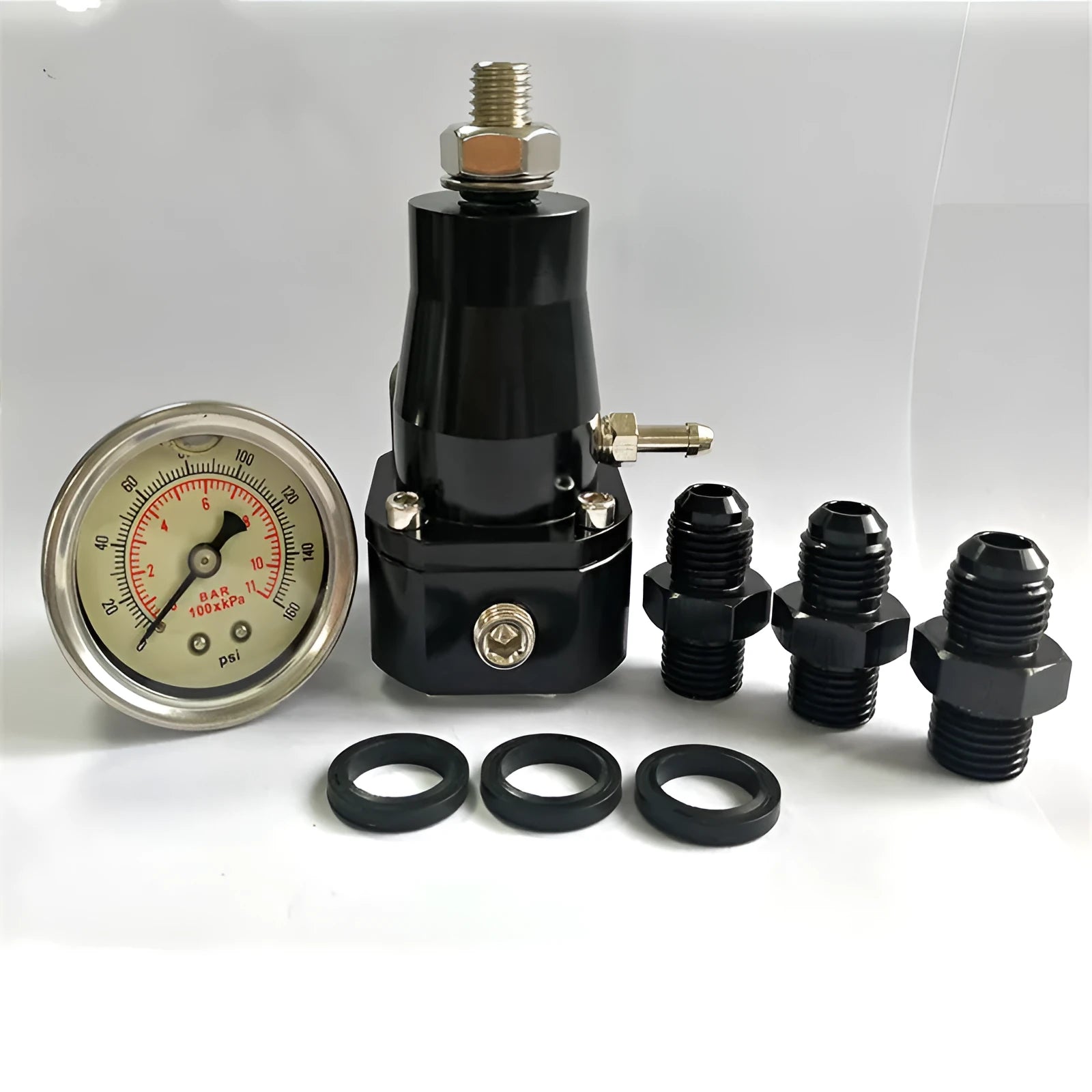 Aluminium fuel pressure regulator with adjustable pressure gauge and mounting oil strap