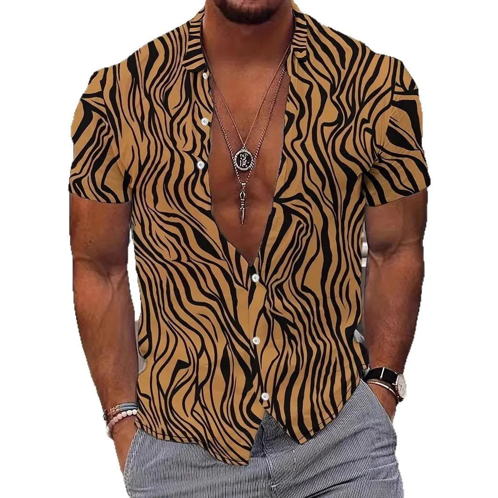 Men's geometric line pattern lapel short sleeve shirt in slim fit polyester