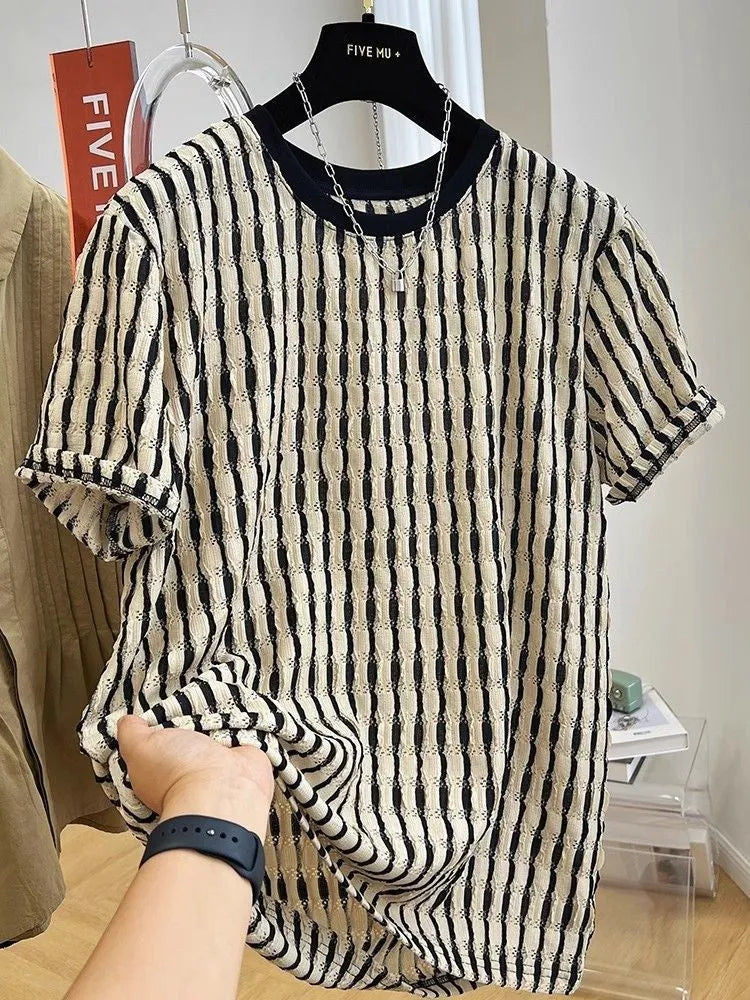 Men's black short sleeve shirt with stripes, loose linen silk blend pullover top