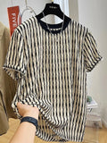 Men's black short sleeve shirt with stripes, loose linen silk blend pullover top