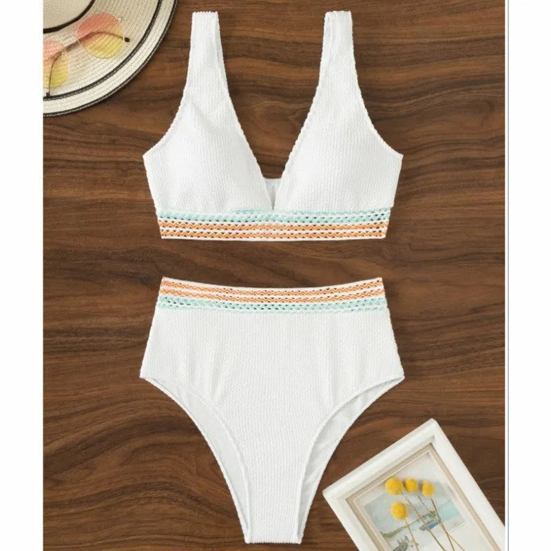 High waist split bikini swimwear set in solid colour nylon fabric showing front view