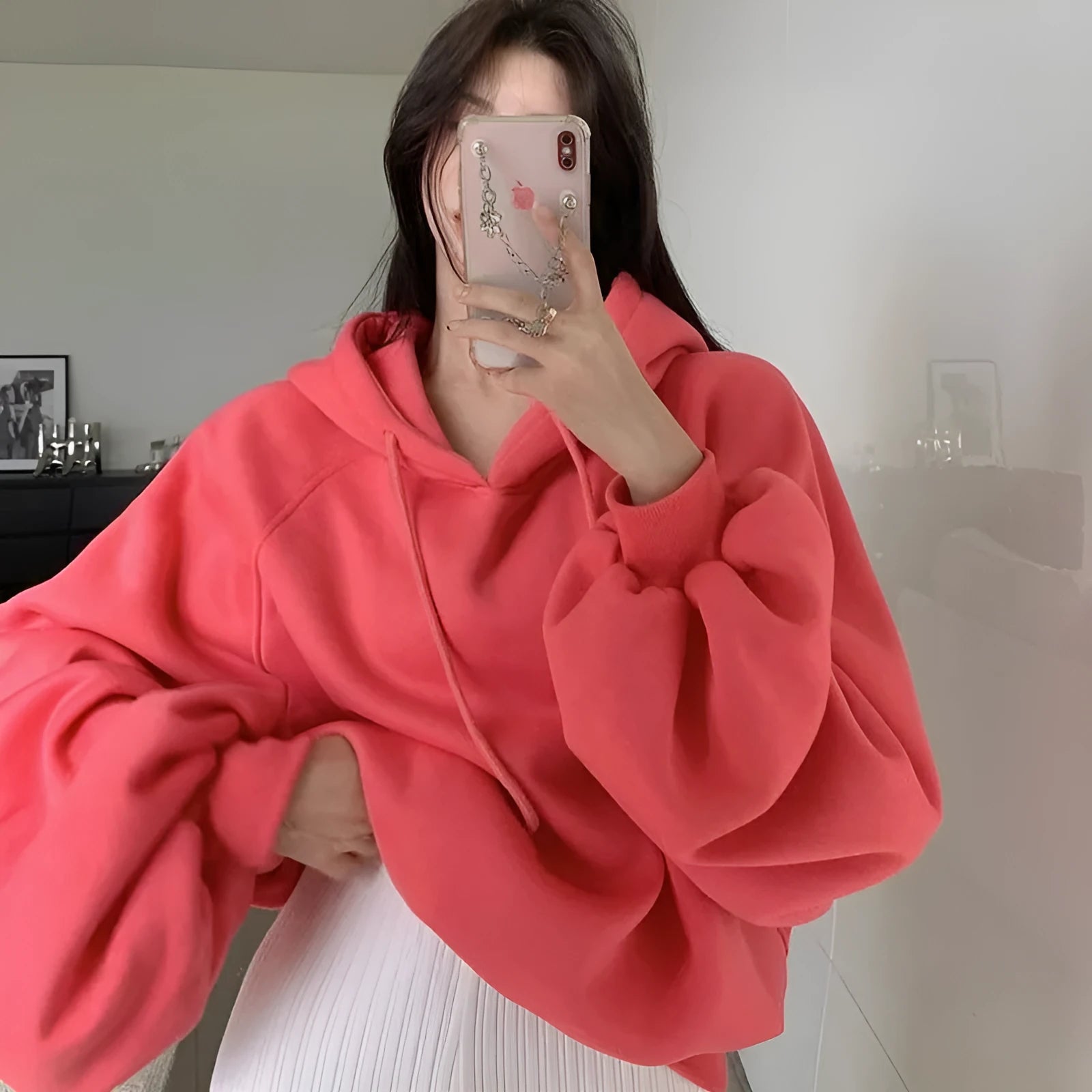 Watermelon red women's hooded sweater made from mulberry silk, sleeveless design with regular sleeves