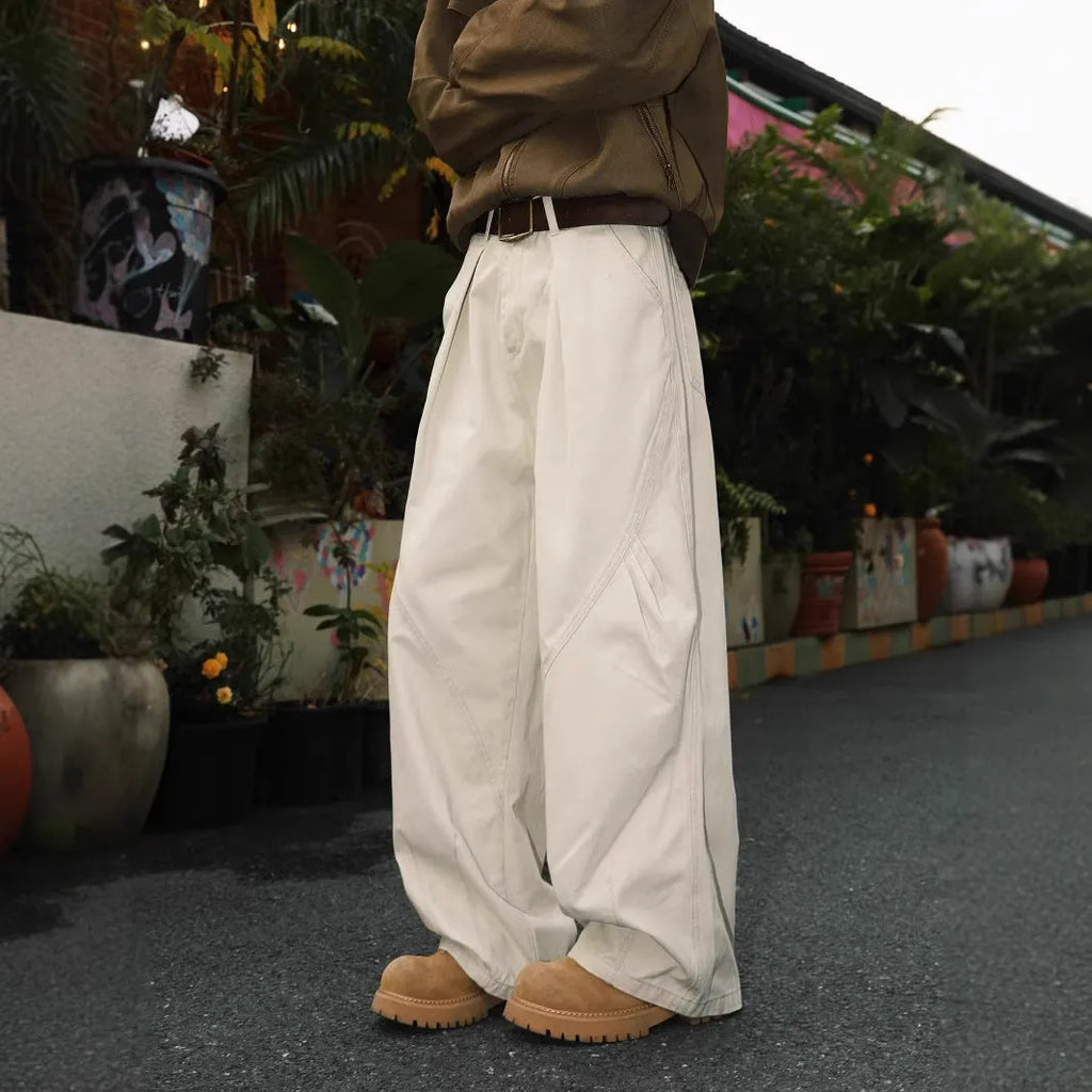 Men's loose fit straight leg trousers with pleated waist in black, brown and apricot colours