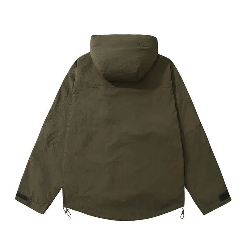 Korean style synthetic fibre blend teen jacket with 3D patch pocket in black, green, beige options, sizes S to 3XL