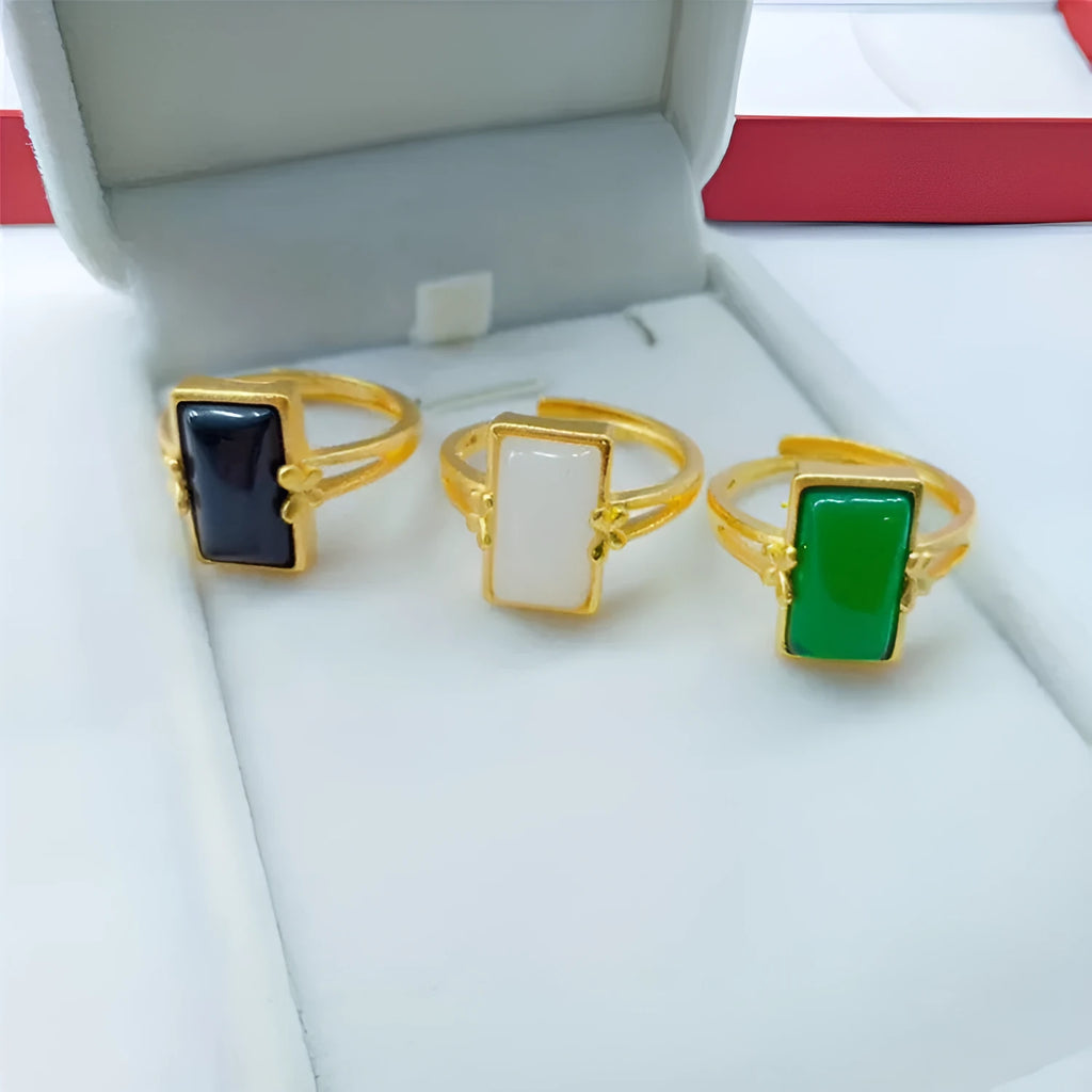 Adjustable brass gold-plated ring with electroplated finish and artificial gemstone accents