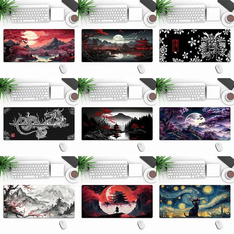 Custom anime print gaming mouse pad with non-slip rubber cloth base on a desk.