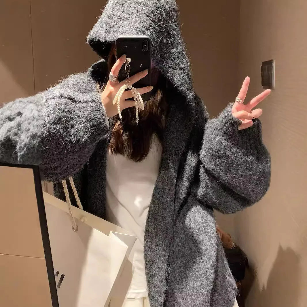 Retro style women's hooded cardigan in dark grey, shown loose-fit as a casual outer layer.