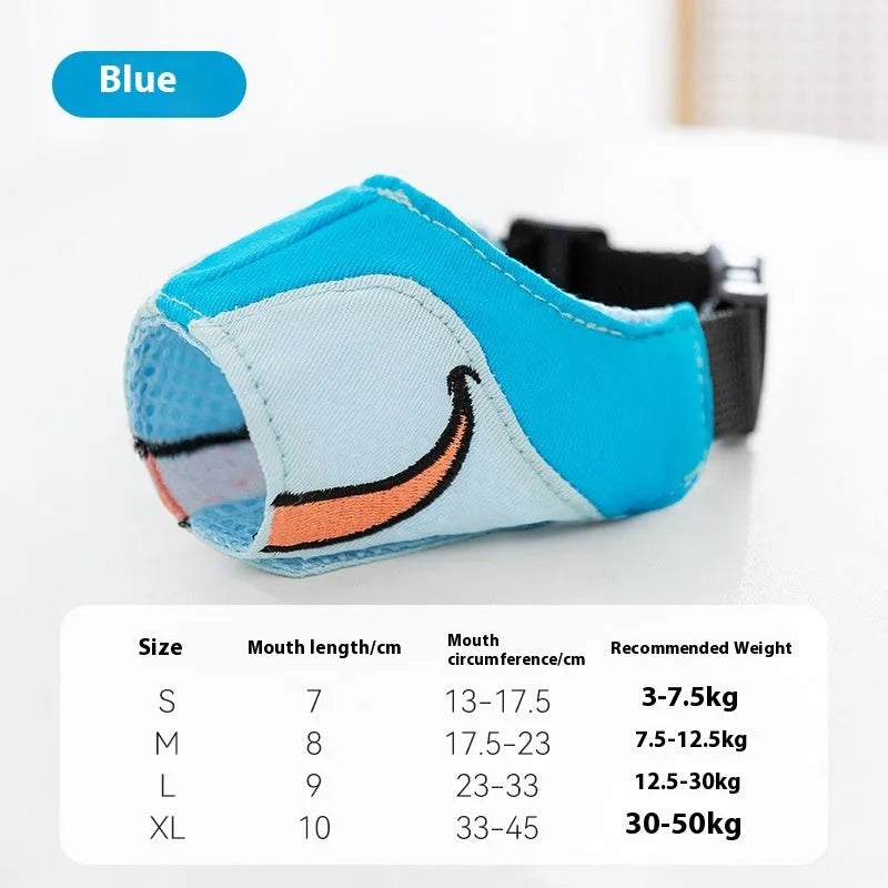 Canvas dog muzzle in Ollie Brown Bear pattern showing size options S M L XL for weight-based fitting