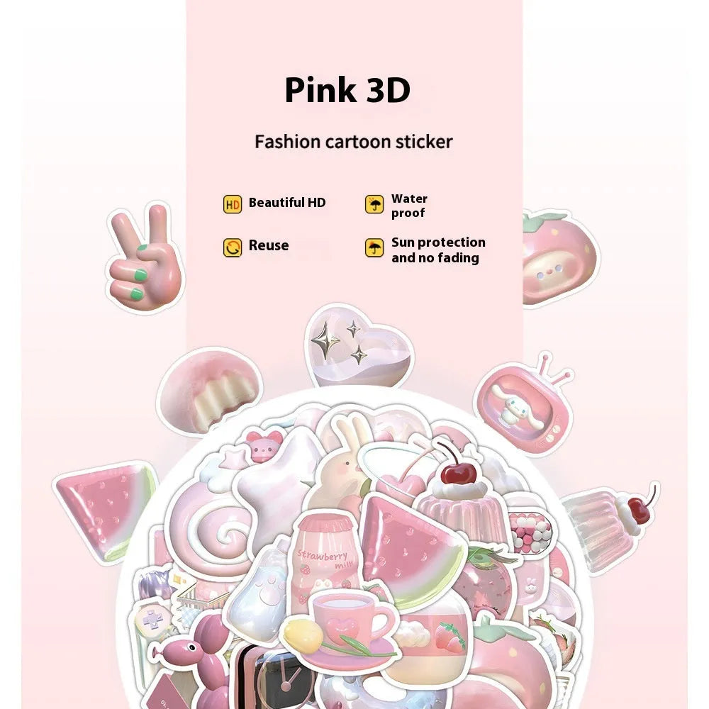 Pink girl heart 3D decorative stickers in two pattern variations, 63 pieces per pack